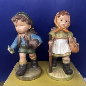 I980’s 10” Hummel like Figurines Boy & Girl Hiking Hand Painted